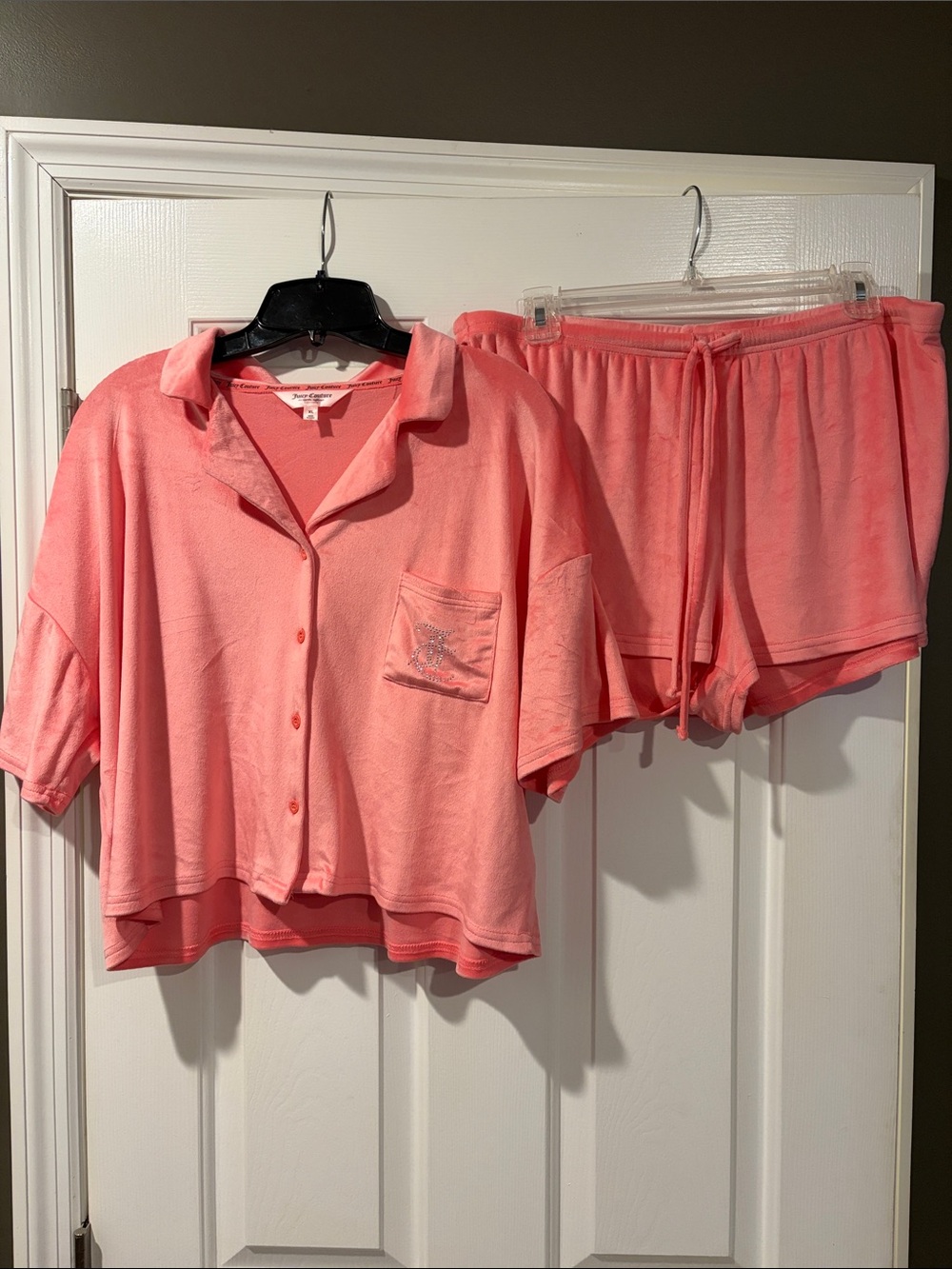 Juicy Couture Coral Button-Up Pajama Top & Drawstring Shorts Set Bedazzled